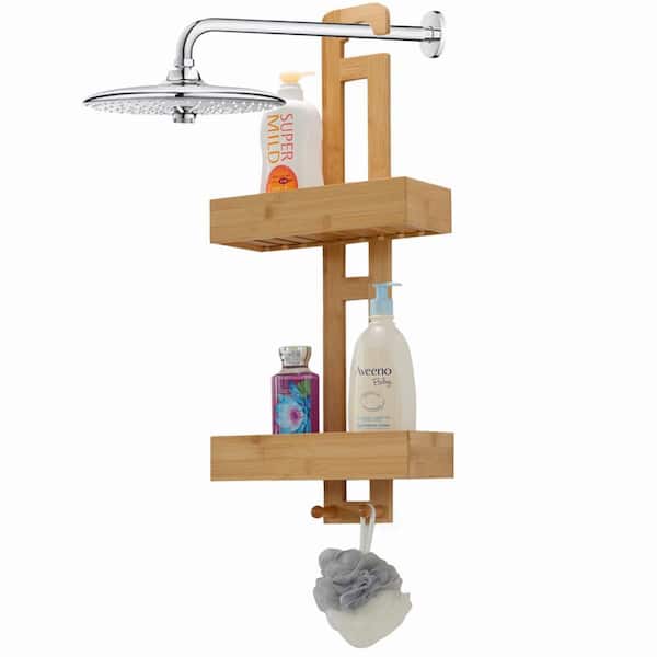 Bathroom Natural Bamboo Storage Rack Over Shower Head Organizer, Shampoo, Conditioner Shower Caddy 26.5 in .