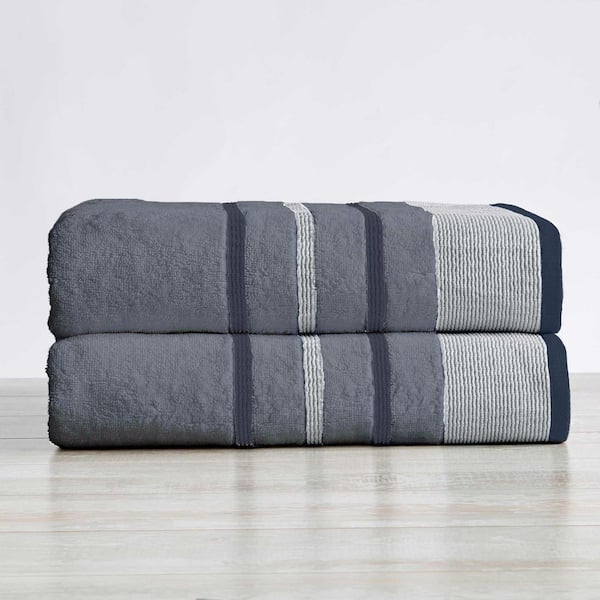 Chambray Blue / White / Navy Blue Premium Cotton 2 Pk Decorative Bath Sheet Set