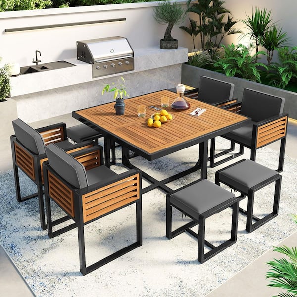 9-Piece Acacia Wood Patio Outdoor Dining Set with 4-Ottomans and Gray Cushions