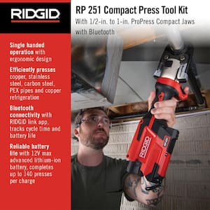 RP 251 Stainless Steel Press Tool Kit Includes 3-ProPress Jaws (1/2, 3/4, 1 in.), 2-12V Batteries, Charger Plus Case