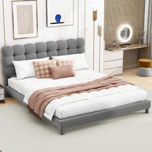 Gray Wood Frame Full Size Velvet Upholstered Platform Bed with Soft Plump Square-Tufted Headboard, Additional Legs