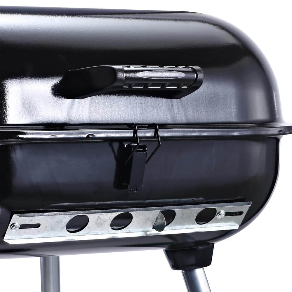 Portable Black Charcoal Grill with Smoker and Shelves