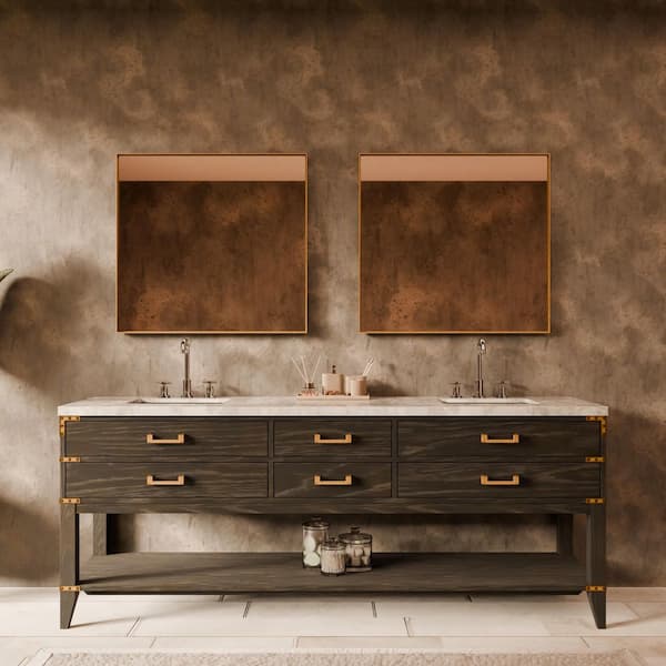Irvington 84 in W x 22 in D Black Oak Double Bath Vanity, Carrara Marble Top, Faucet Set, and 36 in Mirrors