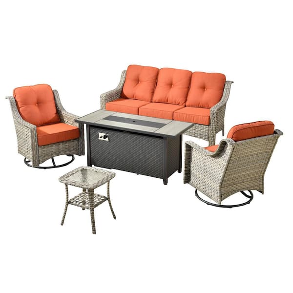 Eureka 5-Piece Wicker Patio Conversation Sofa Seating Set with Metal Fire Pit Table and Red Cushions