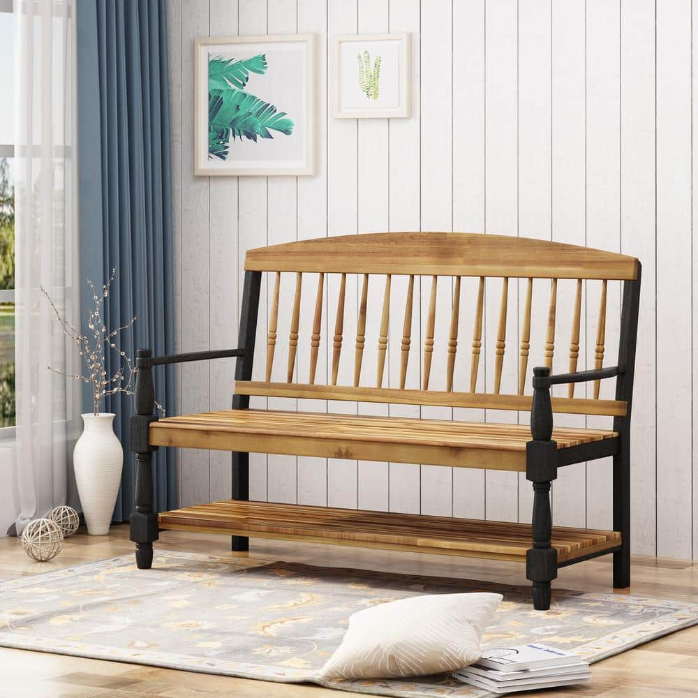Teak and Black Acacia Wood Bench with Shelf, 51"