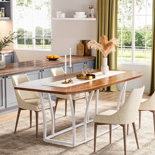 BYBLIGHT Roesler Brown and White Wood 70.87 in. in. Pedestal Oval Dining Table with Metal Legs for 8-People