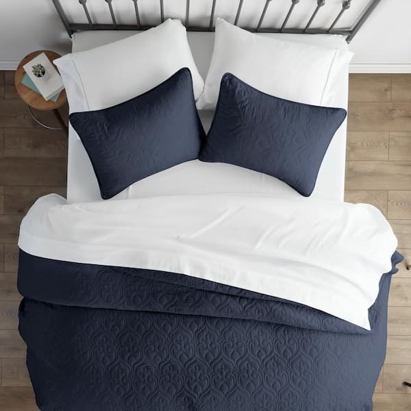 Becky Cameron Damask Navy Microfiber Queen Performance Quilted Coverlet Set