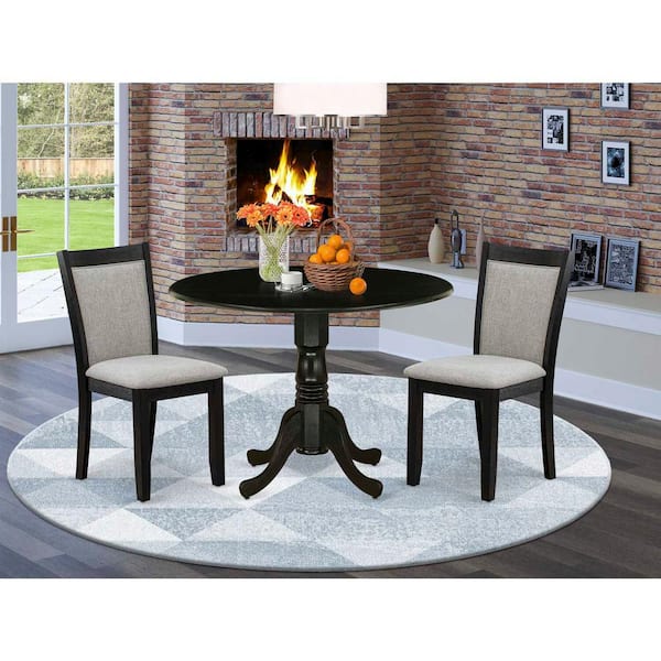 East West Furniture 3-Piece Wirebrushed Black Solid Wood Top - Dining Room Set with Dropleaf - Seats-4