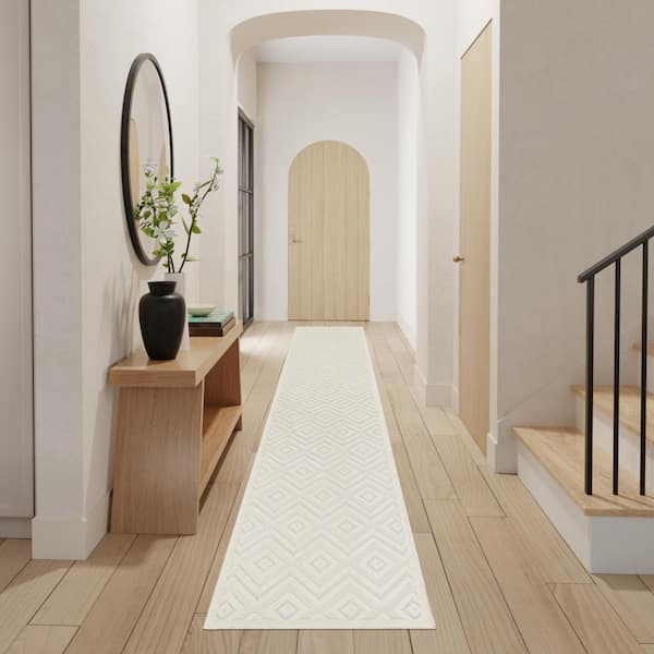 Versatile Ivory White 2 ft. x 12 ft. Diamond Contemporary Runner Indoor Area Rug