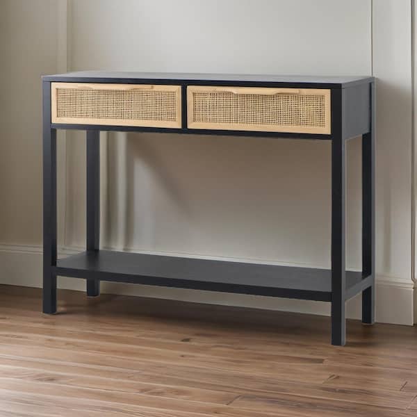 Benjara 39.5 in. Brown and Black Rectangle Wooden Console Table with 2 Rattan Drawers