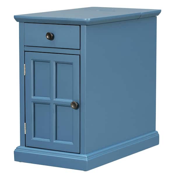 Unbranded Navy Classic Vintage Rectangle Side Table with USB Ports and 1 Drawer with cup holders