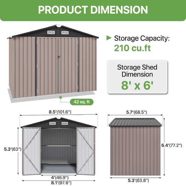 Sizzim 8 ft. W x 6 ft. D Metal Storage Shed with Plastic Floor