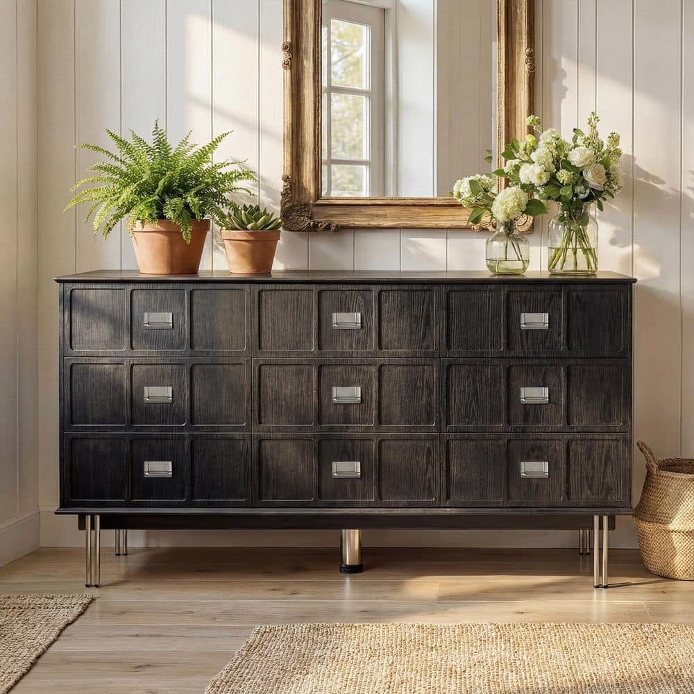 Black Wood 9-Drawer 63 in. Wide Chest of Drawers with 9 Drawers, Dresser without Mirror, Storage Cabinet price history on PriceWatchPro