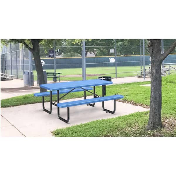 Unbranded 72 in. Rectangular Outdoor Steel Picnic Table Seats 6 People with Umbrella Hole in Blue