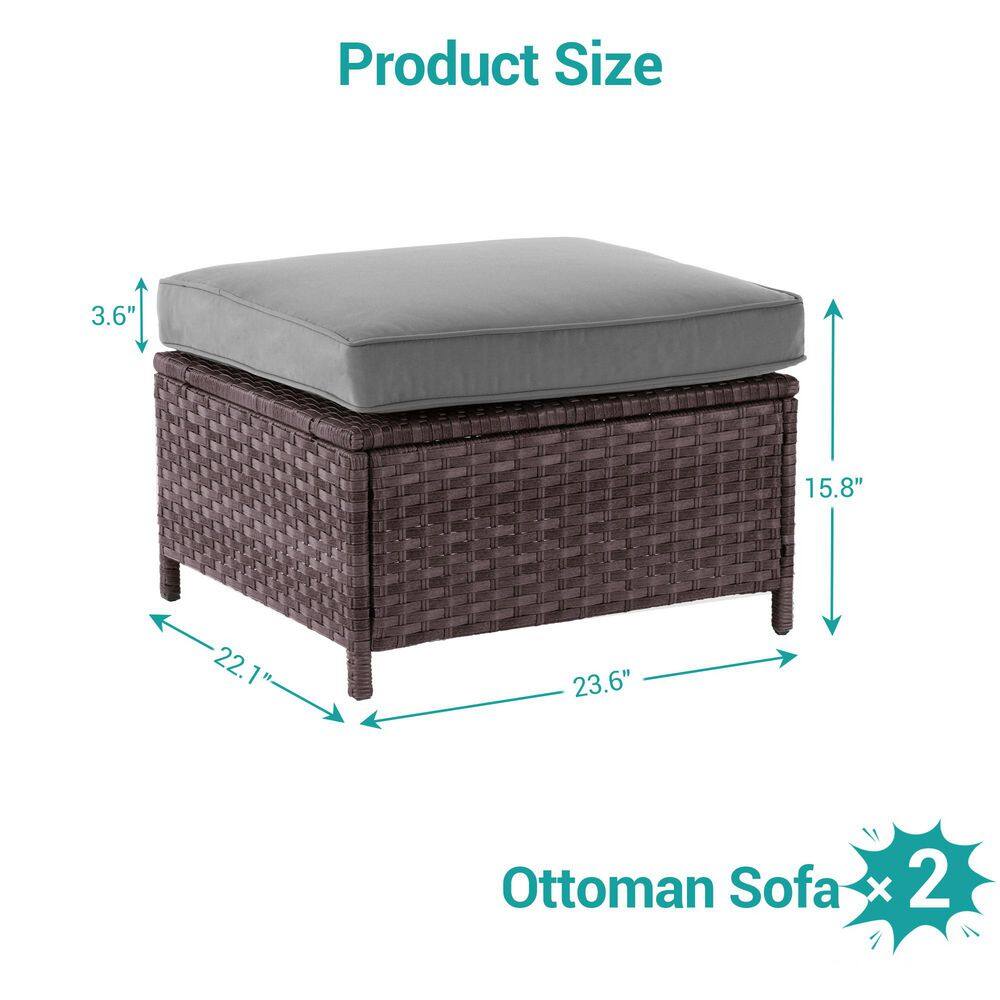 Dimension diagram of the brown wicker outdoor ottoman.