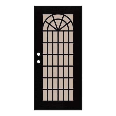Trellis 36 in. x 80 in. Left Hand/Outswing Black Aluminum Security Door with Desert Sand Perforated Metal Screen