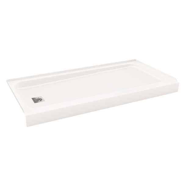 Bootz Industries ShowerCast 60 in. x 30 in. Single Threshold Shower Pan in White with Modern Square Chrome Shower Drain Cover Left Drain