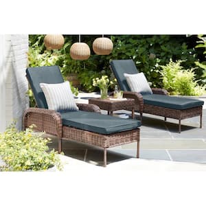 Cambridge Brown Wicker Outdoor Patio Chaise Lounge with Sunbrella Denim Blue Cushions