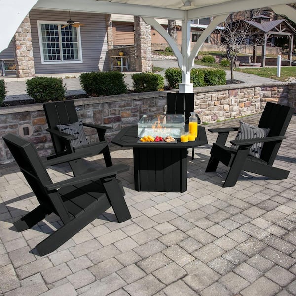 Highwood Italica Modern Adirondack Black 5-Piece Recycled Plastic Patio Fire Pit Set
