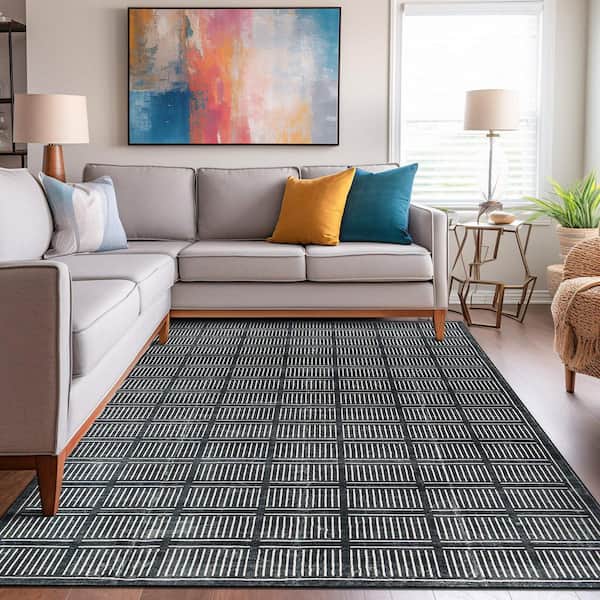 Bohemian Stripe Lines Washable Non Slip Black 8 ft. x 10 ft. Area Rug