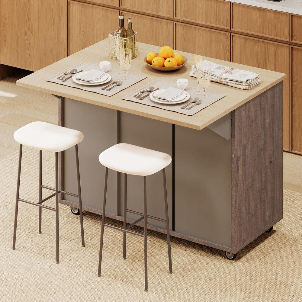 OLUMAT Brown Wood 51.2 in. W Rolling Farmhouse Island Cart with Drop ...