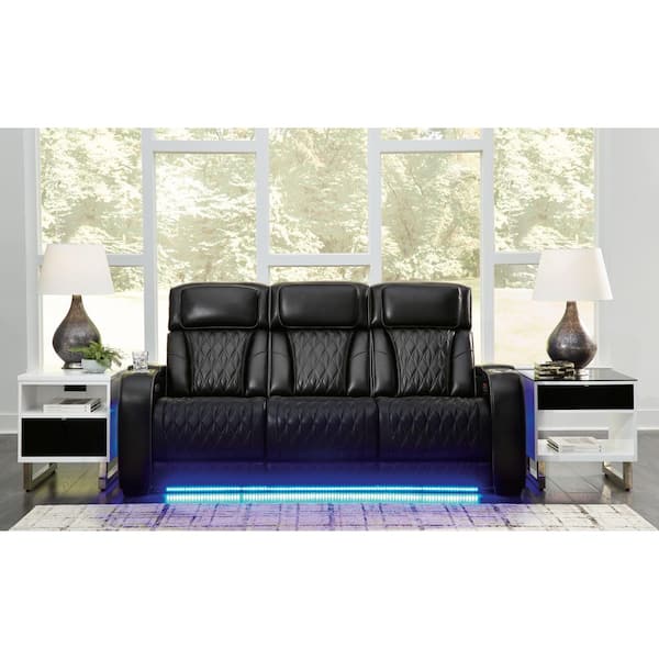 Boyington 86 in. Square Arm Leather Match Rectangle Power Reclining Sofa with Cup Holders and USB Ports in Black