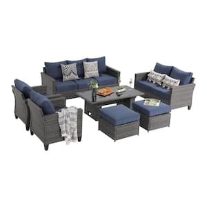 OC Orange-Casual 7-Piece Wicker Outdoor Conversation Set with Lift Coffee Table, Blue Cushions