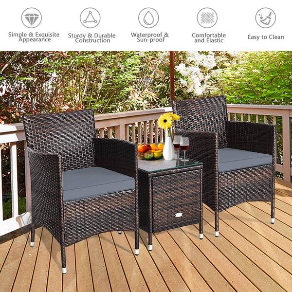 Costway 3 pcs wicker patio on sale cushioned outdoor chair and table set