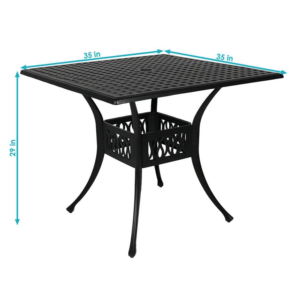 Black Cast Aluminum Square Outdoor Dining Table with Umbrella Hole