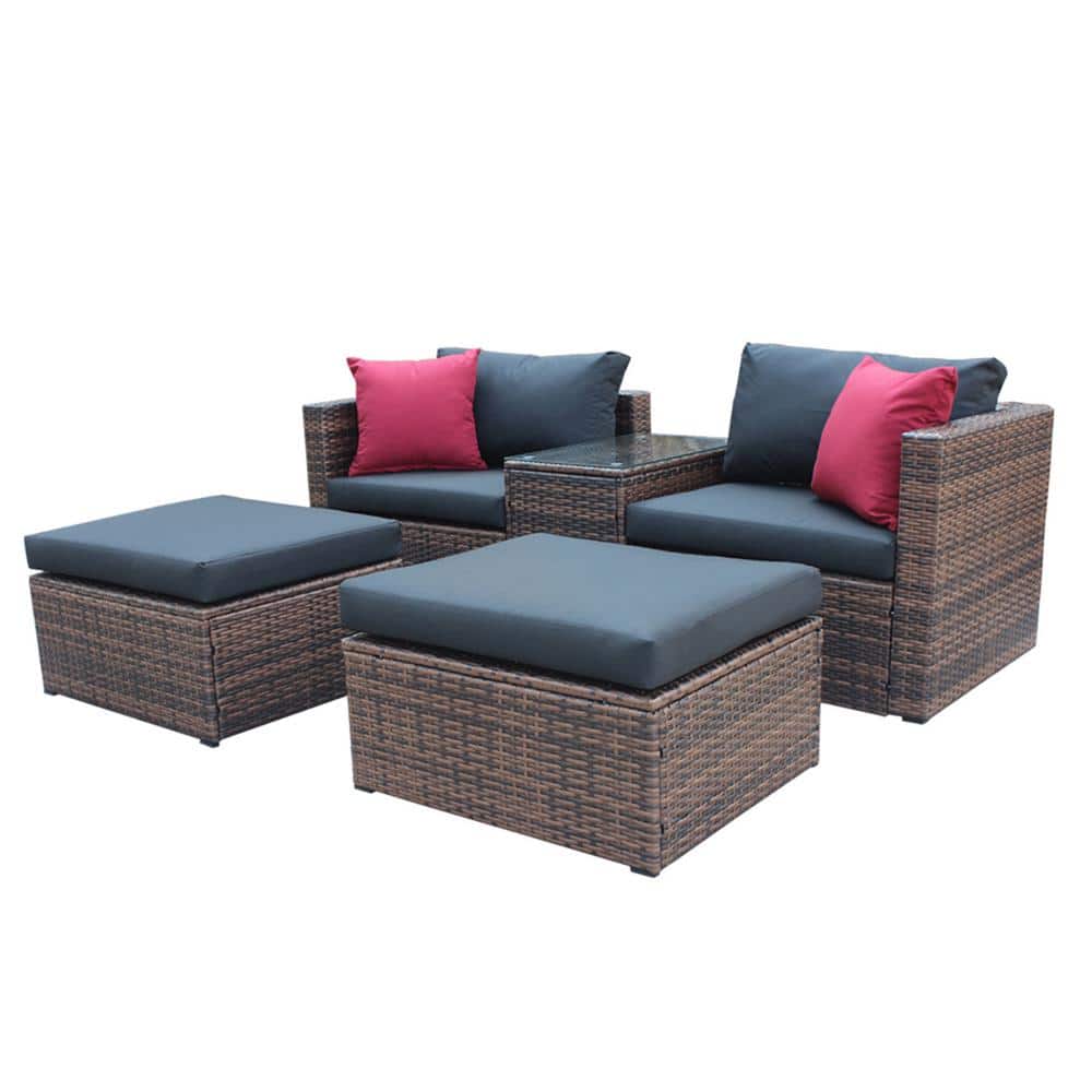 5-Pieces Wicker Outdoor Sectional Patio Conversation Set Black Cushions and