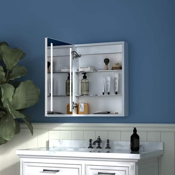 20 in. W x 26 in. H Rectangular Silver Aluminum Recessed/Surface Mount Left Medicine Cabinet with Mirror and LED Light