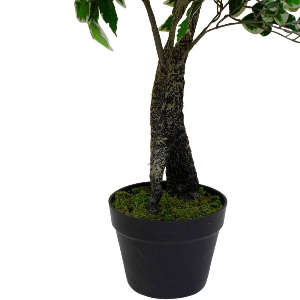 47" Variegated Green and Ivory Plastic Ficus Potted Plant