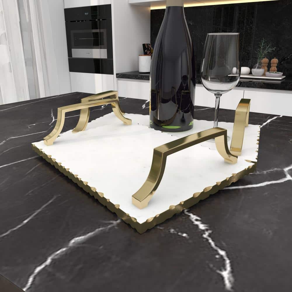 Gold and White Ceramic Rectangular Tray Set with Metal Handles