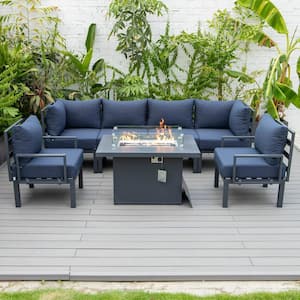 Chelsea Modern Black 7-Piece Aluminum Patio Sectional Seating Set with Fire Pit Table and Blue Cushions