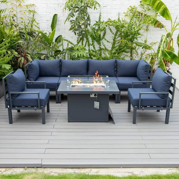 Leisuremod Chelsea Modern Black 7-Piece Aluminum Patio Sectional Seating Set with Fire Pit Table and Blue Cushions