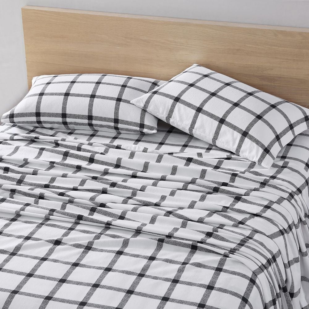 Gray Plaid Cotton Flannel Twin Sheet Set with Deep Pockets