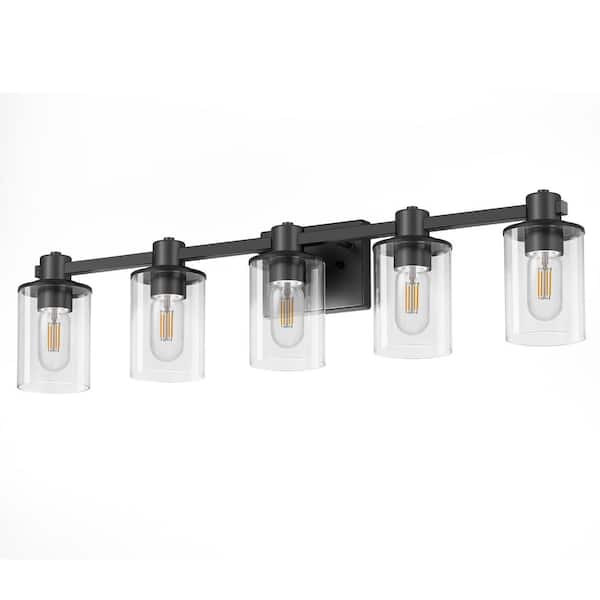 Briignite 32 in. 5-Light Black Metal Vanity Light with Clear Glass Shade and No Bulbs Included