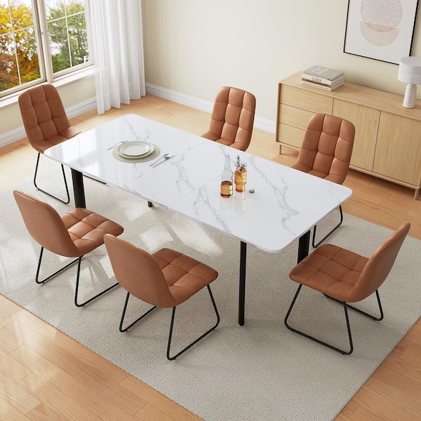 Modern 7-Piece Extendable Rectangle White MDF Top Dining Room Set Seating 6 People 78.7 in. with 6 U-shaped Brown Chairs