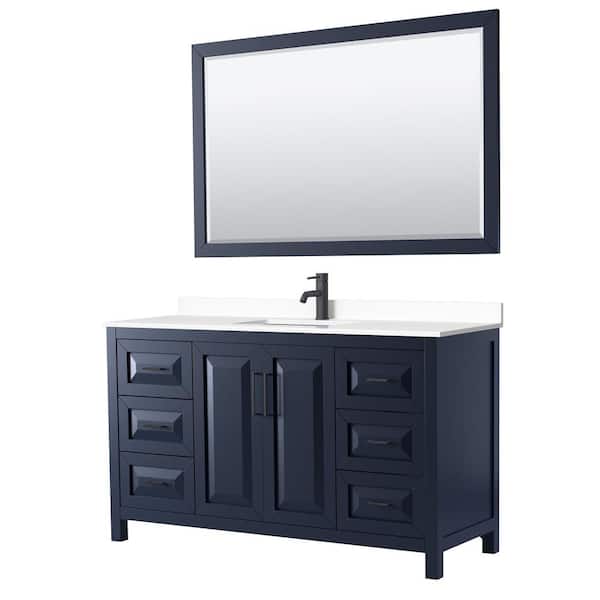 Wyndham Collection Daria 60 in. W x 22 in. D x 35.75 in. H Single Bath Vanity in Dark Blue with White Cultured Marble Top and 58 in. Mirror