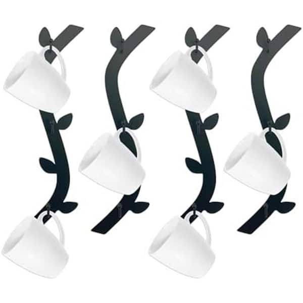 Coffee Mug Wall Rack 12-Hook Black Metal Mug Tree Wall Mounted Decorative Space Saving Holder 4-Pieces Set