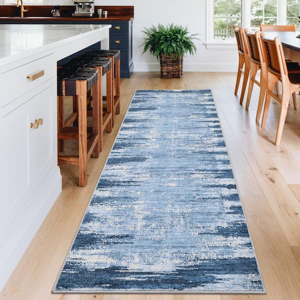 Modern Line Soft Washable Thin Carpet for Bedroom Living Room Dining Room Gray Blue, 2 ft. x 6 ft. Area Rug