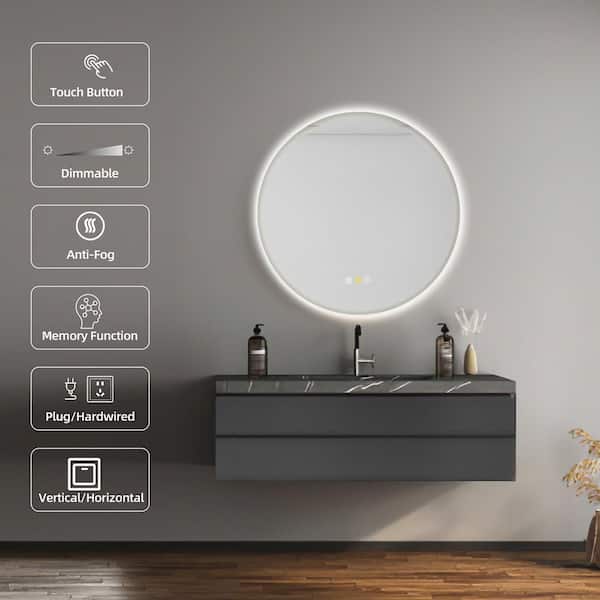 HBEZON RS 24 in. W x 24 in. H Round Beveled Edge Colors Dimmable LED  Anti-Fog Memory Wall Mount Bathroom Vanity Mirror RS-HB-24-R The Home  Depot
