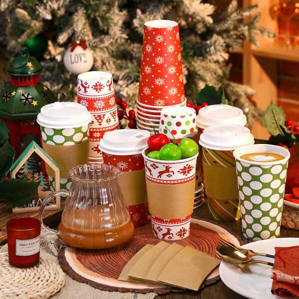 12 oz. Christmas Themed Disposable Paper Coffee Cups with Lids & Insulated Sleeves, Leakproof for Drinks (Set of 90)