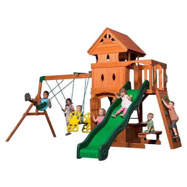 Backyard Discovery Monterey All Cedar Swing Set Playset with Elevated Clubhouse and Deck, Rockwall, Glider, Wave Slide and Snack Counter
