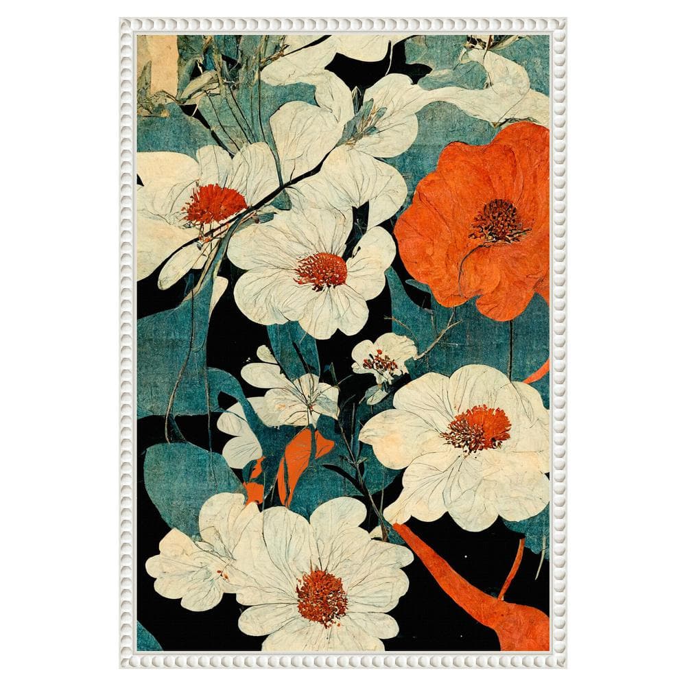 Asian Flowers Beaded Framed Canvas Wall Art Print