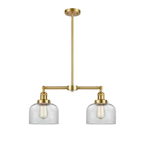 Bell 2-Light Satin Gold Shaded Pendant Light with Clear Glass Shade