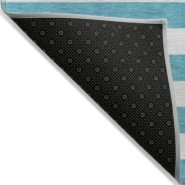 Teal Blue, White 8 ft. x 10 ft. Woven Striped Polyester Rectangle Indoor / Outdoor Area Rug