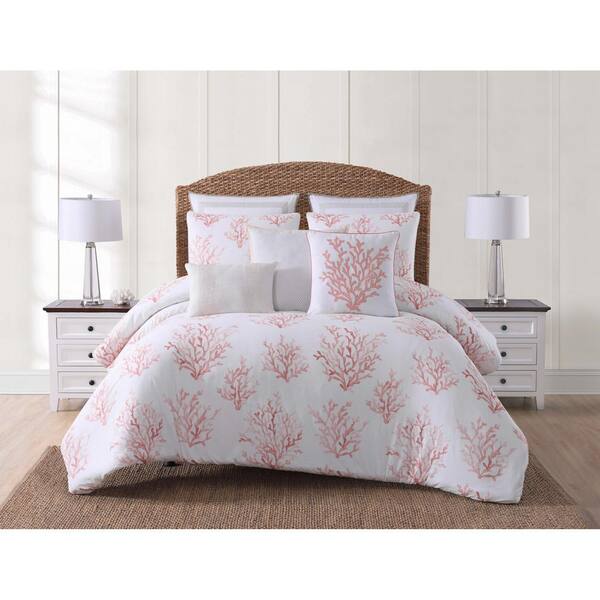 Oceanfront Resort Cove 3-Piece White and Coral Full/Queen Duvet Cover Set