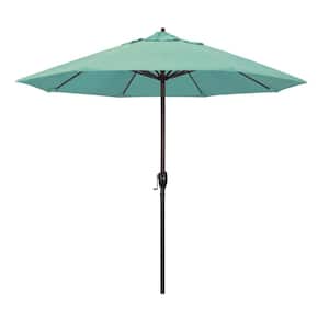 9 ft. Bronze Aluminum Pole Market Aluminum Ribs Auto Tilt Crank Lift Patio Umbrella in Spectrum Mist Sunbrella