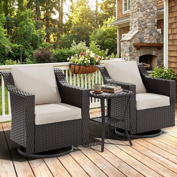 3-Piece Stylish Wicker Patio Swivel Chair Outdoor Rocking Chair Set with Thick Beige Cushions and Table